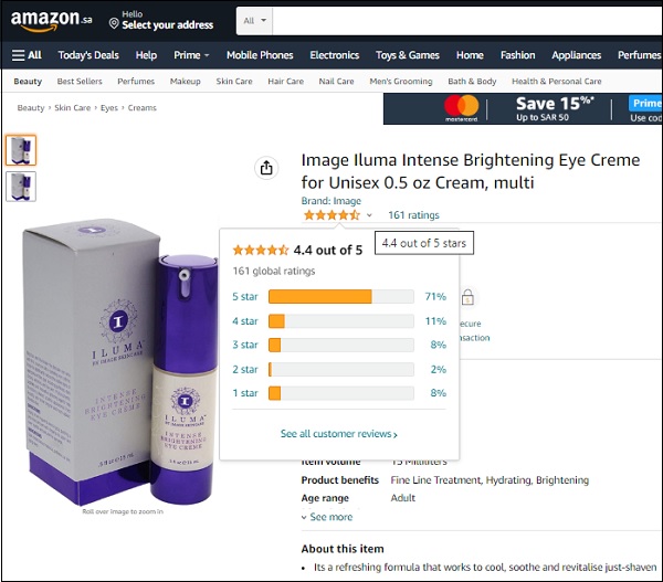 Iluma Intense Brightening Eye Creme được đánh giá 4.4 sao trên Amazon