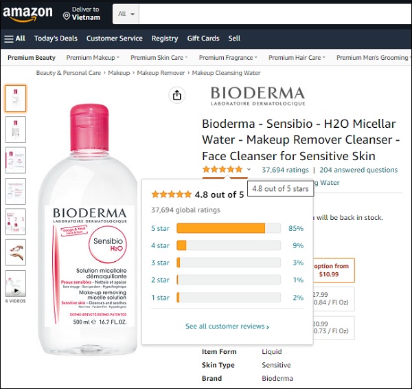 Đánh giá ưu nhược điểm nước tẩy trang Bioderma Sensibio H2O 5 Nước tẩy trang Bioderma Sensibio H2O được đánh giá 4.8/5 sao trên Amazon