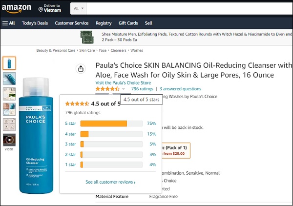 Ưu nhược điểm của sữa rửa mặt Paula’s Choice Skin Balancing Oil-Reducing Cleanser 4 Paula’s Choice Skin Balancing Oil-Reducing Cleanser được đánh giá 4.5/5 sao trên trang Amazon