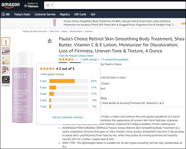 Skin Smoothing Retinol Body Treatment được đánh giá 4.3/5 sao trên trang Amazon