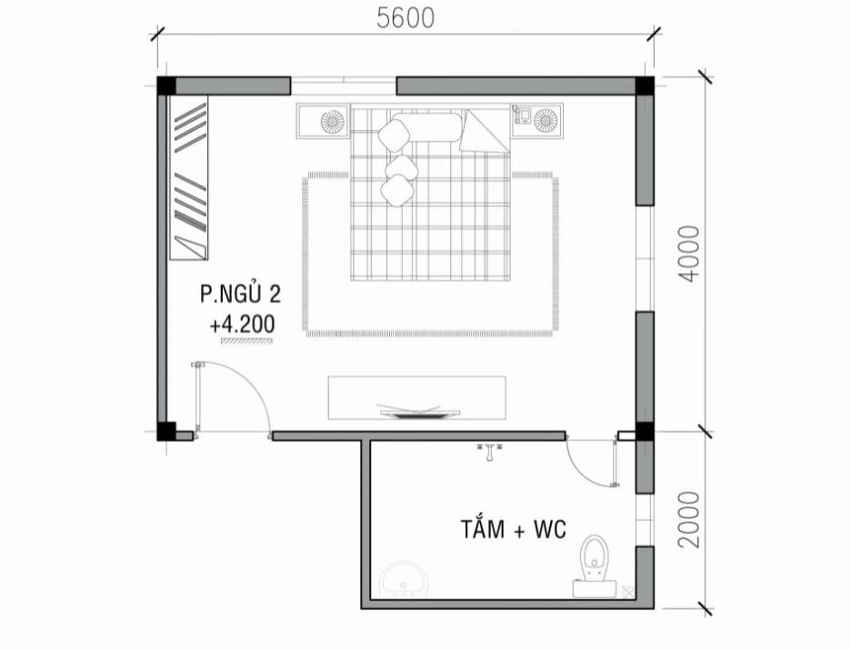 bản vẽ phòng ngủ có toilet