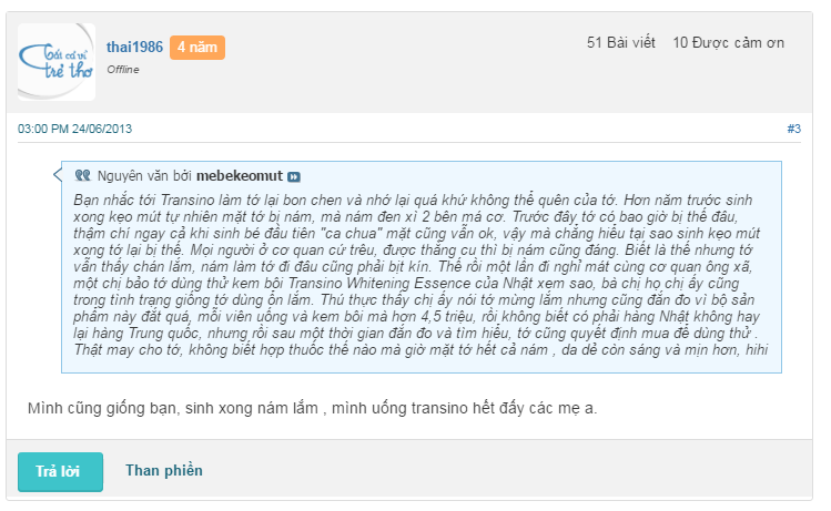 Review kem nám Transino từ người dùng Webtretho
